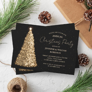 Elegant Gold Black Xmas Tree Sparkle Holiday Party Invitation
