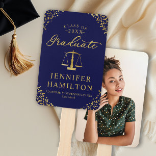 Elegant Gold Blue 1 Photo Law School Graduation Hand Fan