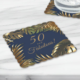 Elegant Gold Blue 50 Fabulous Birthday Paper Coaster