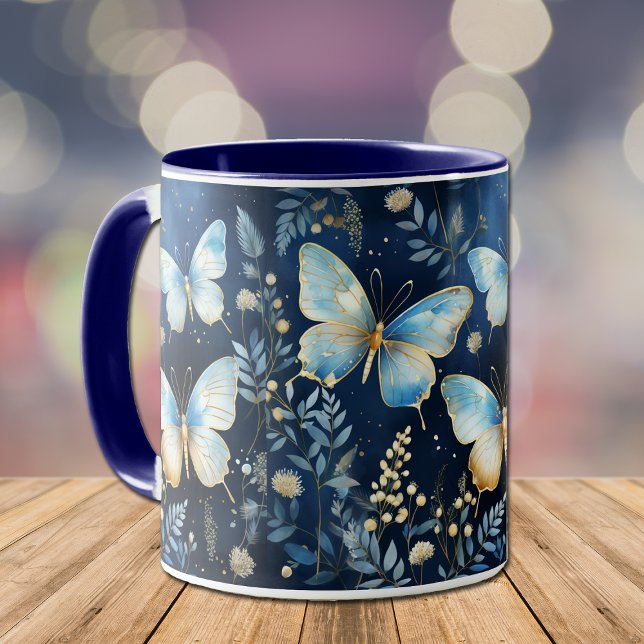 Elegant Gold Blue Butterfly Pattern on Navy  Mug (Creator Uploaded)