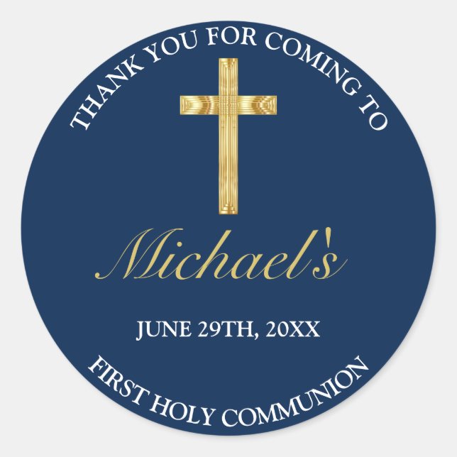 Elegant Gold Blue Cross First  Communion Thank You Classic Round Sticker (Front)