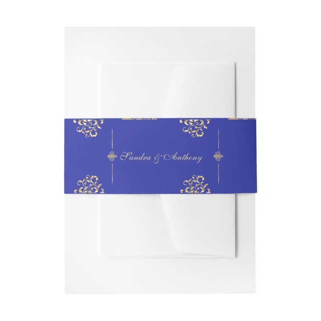 Elegant Gold & Blue Damask wedding Belly Band Invitation Belly Band (Front Example)