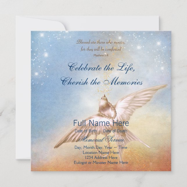 Elegant Gold Blue Dove In Loving Memory Memorial Invitation (Front)