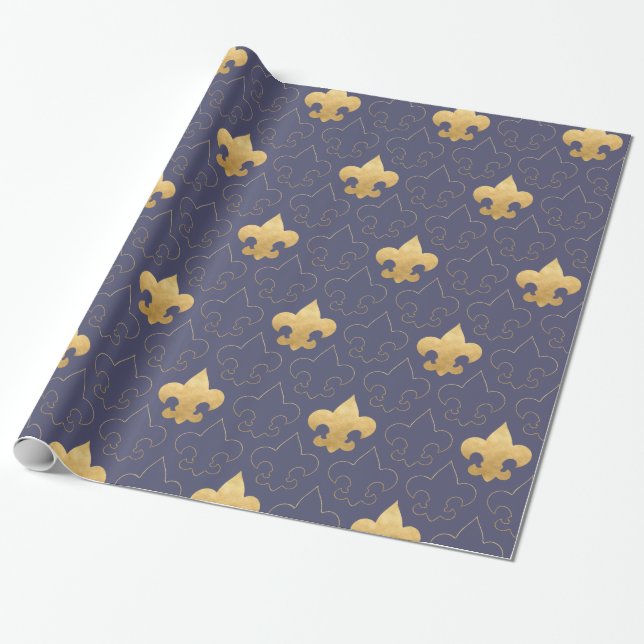 Elegant Gold & Blue Fleur De Lis Wrapping Paper (Unrolled)