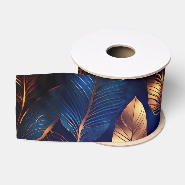 Elegant Gold Blue Foliage Nature Design  Grosgrain Ribbon (Spool)