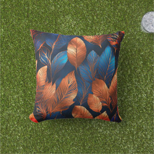 Elegant Gold Blue Foliage Nature Design Outdoor Pillow