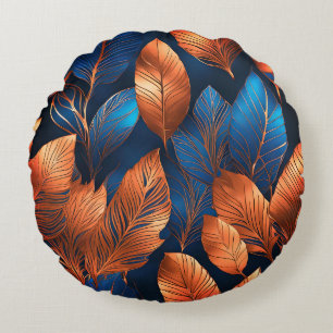 Elegant Gold Blue Foliage Nature Design Round Pillow