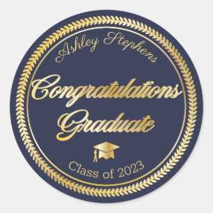 Elegant Gold Blue Grad Cap Class of 2023 Classic Round Sticker
