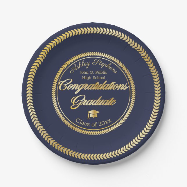 Elegant Gold | Blue Grad Cap Class of 2023 Paper Plate (Front)