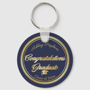 Elegant Gold   Blue Grad Cap Class Year Keychain