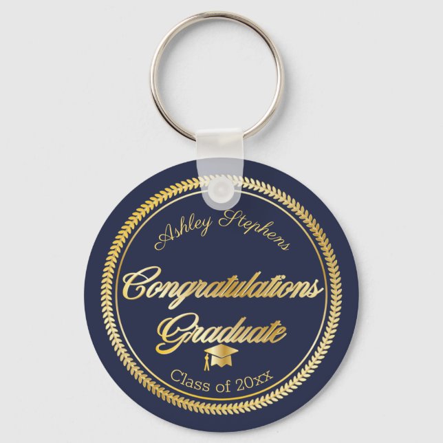 Elegant Gold | Blue Grad Cap Class Year Keychain (Front)