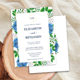 Elegant Gold Blue Hydrangeas Monogram Wedding  Invitation