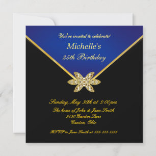 Elegant Gold Blue Ladies Birthday Party Invitation