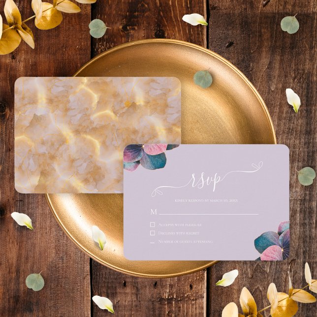 Elegant Gold Blue Lavender Purple Hydrangeas RSVP Card (Front and Back)