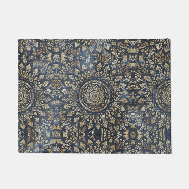 Elegant Gold Blue Mandala Floral Doormat (Front)