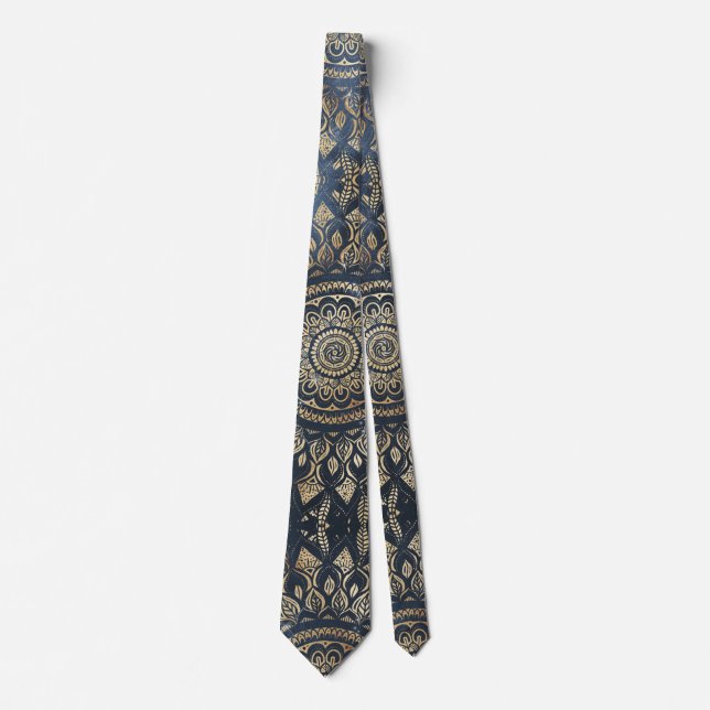 Elegant Gold Blue Mandala Floral Tie (Front)