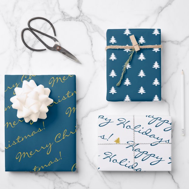 Elegant Gold Blue Merry Christmas Holiday Trees Wrapping Paper Sheet (Front)