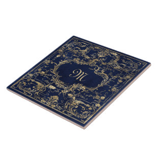 Elegant Gold Blue Monogram Tile