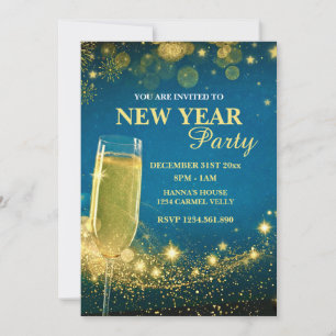Elegant Gold & Blue New Year's Eve Party Invitation