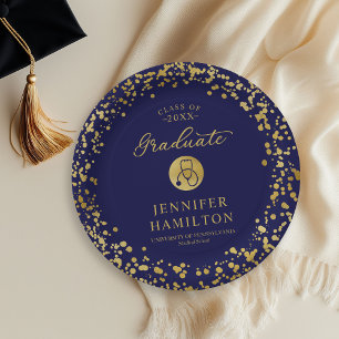 Elegant Gold Blue Nurse Doctor Graduation  Paper Plate