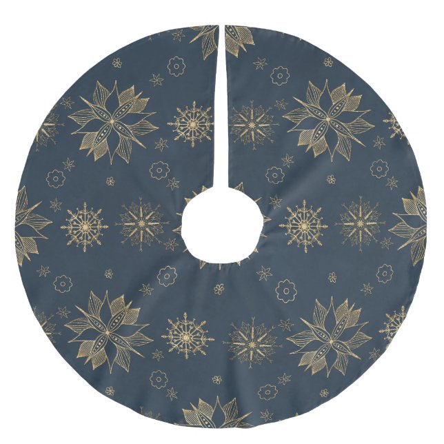 Elegant Gold Blue Poinsettias Snowflakes Pattern Brushed Polyester Tree Skirt (Front)