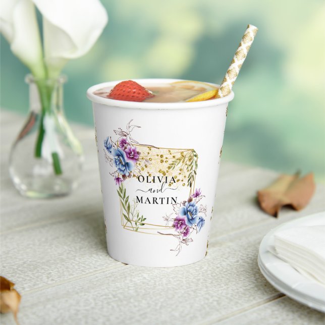 Elegant Gold Blue Purple Geometric Framed Wedding Paper Cups (Insitu)
