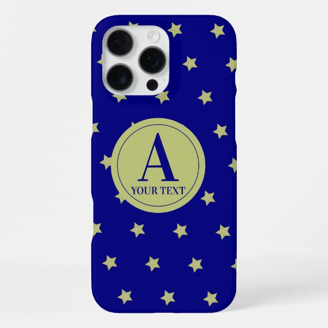 Elegant Gold & Blue Star Pattern Monogram iPhone Case (Back)