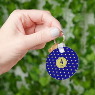 Elegant Gold & Blue Star Pattern Monogram Keychain