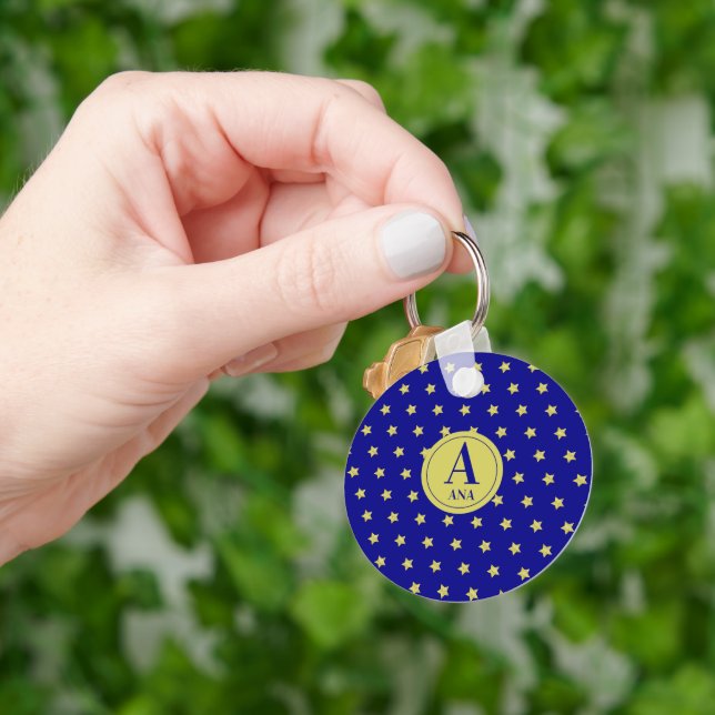 Elegant Gold & Blue Star Pattern Monogram Keychain (Hand)