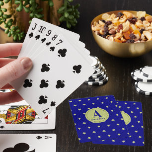 Elegant Gold & Blue Star Pattern Monogram Playing Cards