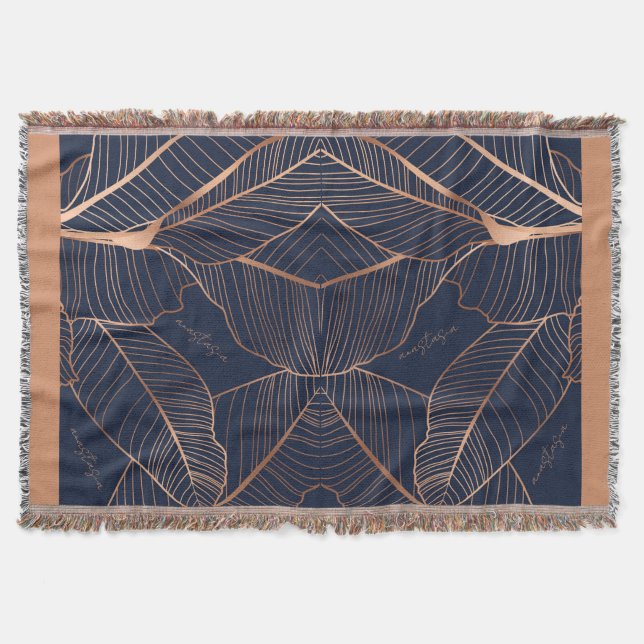 Elegant Gold Blue Tropical Plant Anastasia Throw Blanket (Front)
