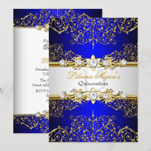 Elegant Gold Blue Vintage Glamour Quinceanera Invitation
