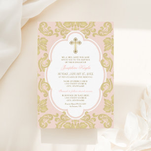 Elegant Gold Blush Damask Baby Girl Baptism Invitation