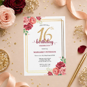 Elegant Gold Blush Floral 16th Birthday Party Invitation