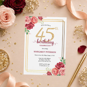 Elegant Gold Blush Floral 45th Birthday Party Invitation