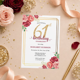 Elegant Gold Blush Floral 61st Birthday Party Invitation
