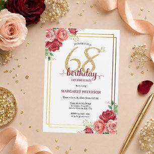 Elegant Gold Blush Floral 68th Birthday Party Invitation