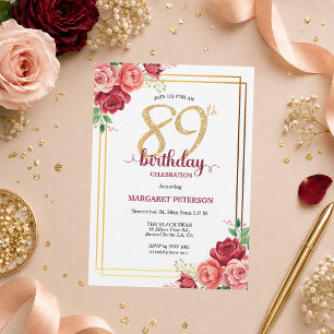 Elegant Gold Blush Floral 89th Birthday Party Invitation