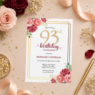 Elegant Gold Blush Floral 93rd Birthday Party Invitation