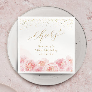 Elegant gold & blush floral cheers birthday napkin