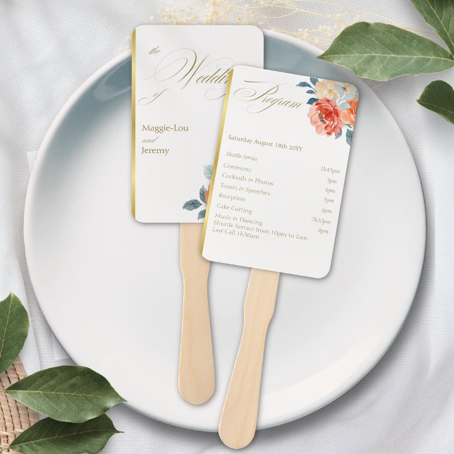 Elegant Gold Blush Floral Script Wedding Program Hand Fan (Creator Uploaded)