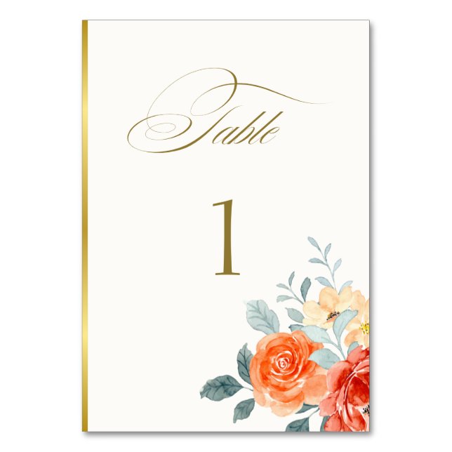 Elegant Gold Blush Floral Script Wedding Table Number (Front)
