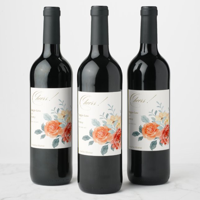 Elegant Gold Blush Floral Script Wedding  Wine Label (Bottles)