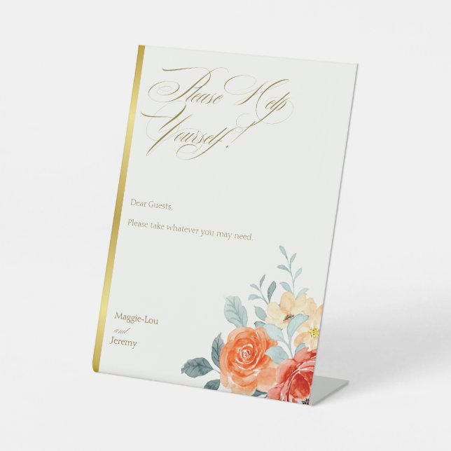 Elegant Gold Blush Floral Wedding Bathroom Basket Pedestal Sign (Front)