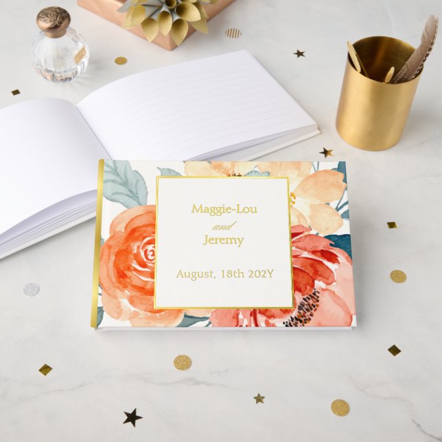 Elegant Gold Blush Floral Wedding Guest Book (Front Open)