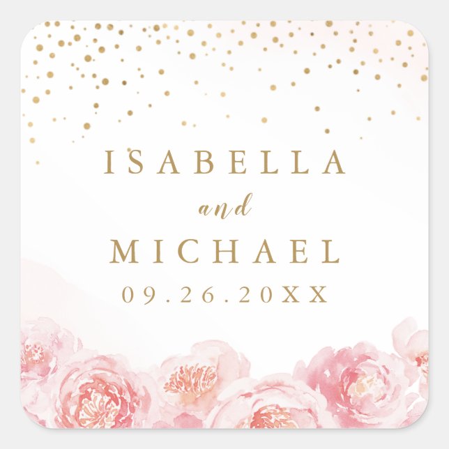 Elegant gold & blush pink floral wedding favour square sticker (Front)