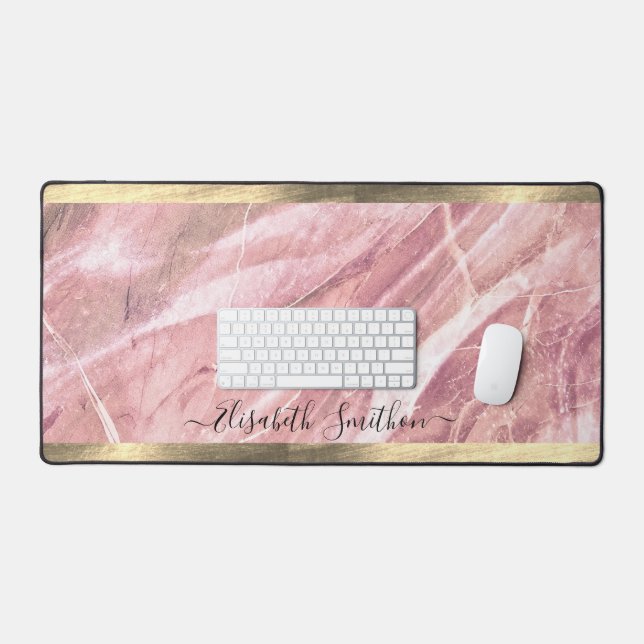    Elegant Gold & Blush Pink Girly Add Name Marble Desk Mat (Keyboard & Mouse)