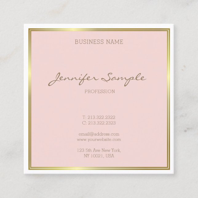 Elegant Gold Blush Pink Handwritten Script Luxury Square Business Card (Front)