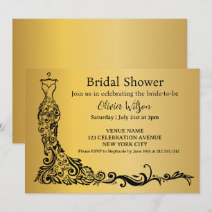  Elegant Gold Boho Floral Gown Bridal Shower Invitation