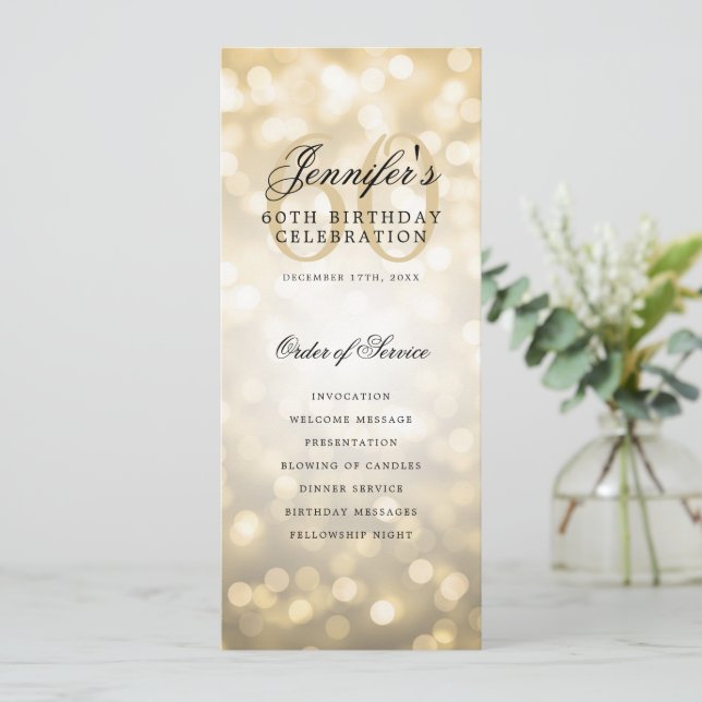 Elegant Gold Bokeh 60th Birthday Program w/ Menu (Standing Front)